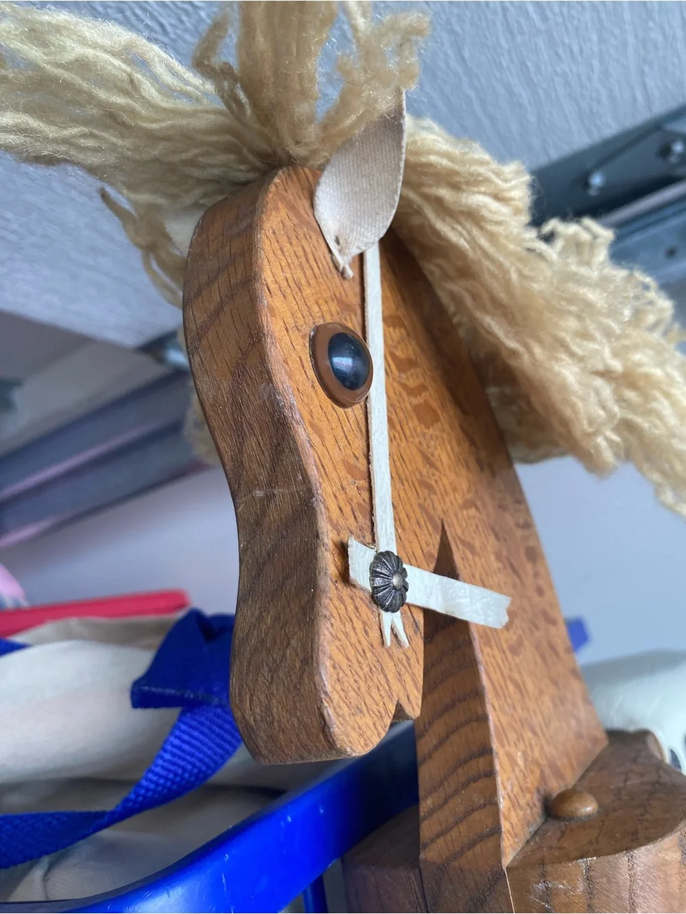 Vintage Wooden Doll Size Rocking Horse Cream Vinyl Seat Yarn Mane Nursery Decor